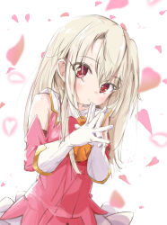  1girl ascot bare_shoulders blonde_hair detached_sleeves expressionless fate/kaleid_liner_prisma_illya fate_(series) gloves hair_between_eyes highres illyasviel_von_einzbern long_hair looking_at_viewer magical_girl mugi_no_hikyaku orange_ascot petals pink_petals pink_sleeves prisma_illya red_eyes sidelocks simple_background solo white_background white_gloves 