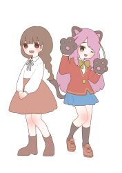  2girls :3 :d ;3 ;d absurdres animal_ears animal_hands black_gloves black_socks blue_ribbon blue_skirt blunt_bangs blush boots bow bowtie braid brown_boots brown_eyes brown_hair brown_skirt cat_ears cat_girl cat_tail collared_shirt commentary_request full_body gloves green_eyes hands_up highres jacket kneehighs long_hair long_sleeves looking_at_viewer miniskirt multiple_girls neck_ribbon nishida_yume one_eye_closed open_mouth original paw_gloves pink_hair pleated_skirt red_jacket ribbon shirt simple_background single_braid skirt smile socks standing tail white_background white_shirt yellow_bow yellow_bowtie 