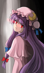  1girl alternate_eye_color blue_bow bow capelet closed_mouth commentary crescent crescent_hat_ornament dress eye_trail frown glowing glowing_eyes hat hat_ornament highres light_trail long_hair looking_at_viewer mob_cap namiki_(remiter00) patchouli_knowledge pink_capelet pink_dress pink_hat purple_hair red_bow red_eyes solo touhou 