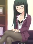  black_hair bra character_request crossed_legs ginga_e_kickoff!! glasses legs_crossed long_hair meow_(nekodenki) pantyhose sitting underwear 