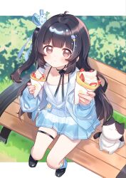  1girl :t absurdres antenna_hair black_choker black_hair black_shoes blue_jacket blue_ribbon blue_skirt blush brown_eyes camisole cat choker closed_mouth commentary commission crepe food from_above hair_ribbon highres hiraga_matsuri holding holding_crepe holding_food jacket light_smile long_hair looking_at_viewer miniskirt on_bench open_clothes open_jacket original ribbon shoes sidelocks sitting skeb_commission skirt solo thigh_strap white_camisole 