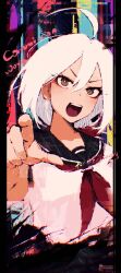  1girl ahoge brown_eyes commentary commission danganronpa_another determined english_commentary hair_between_eyes hair_ornament hair_scrunchie highres long_hair looking_at_viewer low_ponytail neckerchief open_mouth pointing pointing_at_viewer ponytail red_scrunchie rnna sailor_collar school_uniform scrunchie serafuku shirt short_sleeves solo sora_(super_danganronpa_another_2) super_danganronpa_another_2 teeth upper_teeth_only very_long_hair white_hair white_shirt 