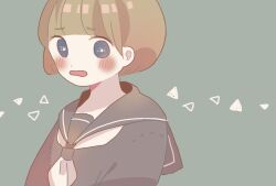  1girl black_shirt blonde_hair blue_eyes blue_sailor_collar blunt_bangs blush bright_pupils commentary_request dot_nose looking_at_viewer neckerchief nishida_yume open_mouth original sailor_collar school_uniform serafuku shirt short_hair simple_background solo upper_body white_neckerchief white_pupils 