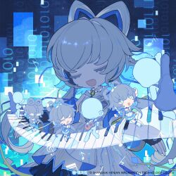  1girl :d acoustic_guitar bald beamed_sixteenth_notes binary black_gloves blue_background blue_bow blue_jacket bow braid braided_hair_rings bright_pupils cardiogram character_name chibi closed_eyes colored_eyelashes colored_inner_hair company_name copyright_name deformed dot_nose dress eighth_note elbow_gloves faceless facing_viewer feixianji_(hairstyle) fingerless_gloves flat_sign fukurou_(linxiao_2024) gloves green_eyes grey_hair guitar guitar_case hair_bow hair_rings headphones heart_on_chest holding holding_guitar holding_instrument instrument instrument_case jacket light_blush long_hair low_twintails luo_tianyi luo_tianyi_(vocaloid3) multicolored_hair musical_note number_background off_shoulder official_art on_piano open_mouth own_hands_together playing_guitar playing_instrument singing sleeveless sleeveless_dress smile treble_clef twintails u_u upper_body very_long_hair vocaloid vsinger_(vocaloid) waving white_dress white_pupils wide_sleeves 