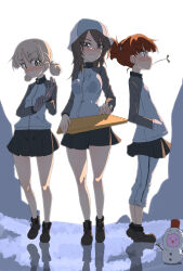  3girls absurdres aki_(girls_und_panzer) black_skirt blonde_hair blue_jacket boots breasts brown_hair commentary_request full_body girls_und_panzer gloves highres instrument jacket jinguu_(4839ms) kantele keizoku_school_uniform long_hair medium_breasts mika_(girls_und_panzer) mikko_(girls_und_panzer) multiple_girls outdoors profile rabbit red_hair school_uniform short_hair skirt snow standing twintails 