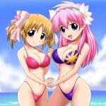  apricot_sakuraba bikini blue_eyes blush breasts cleavage flower galaxy_angel galaxy_angel_rune goriate hair_flower hair_ornament hand_holding highleg highleg_bikini highleg_swimsuit highres holding_hands large_breasts long_hair milfeulle_sakuraba multiple_girls navel open_mouth orange_hair pink_bikini pink_hair purple_bikini purple_eyes short_twintails siblings sisters smile strap_gap swimsuit twintails union_jack violet_eyes 