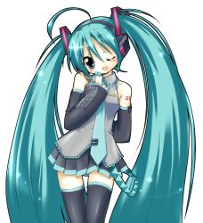  1girl 2000s_(style) ahoge aqua_eyes aqua_hair aqua_nails aqua_necktie arm_behind_back armpit_crease black_skirt black_sleeves black_thighhighs blush breasts collared_shirt continuing_heart_(vocaloid) contrapposto cowboy_shot detached_sleeves faux_retro_artstyle grey_shirt hatsune_miku headphones highres long_hair necktie negiwave2000 official_art one_eye_closed open_mouth shirt simple_background skirt sleeveless sleeveless_shirt small_breasts solo thigh-highs twintails very_long_hair vocaloid white_background 