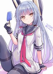  absurdres black_bodysuit black_gloves blue_hair blunt_bangs blunt_tresses bodysuit breasts commentary covered_navel dress feet_out_of_frame fingerless_gloves food gloves hair_ribbon headgear highres hizaka holding holding_food holding_popsicle kantai_collection knee_up long_hair murakumo_(kancolle) necktie one-hour_drawing_challenge orange_eyes popsicle red_necktie red_ribbon ribbon sailor_dress shadow short_dress signature simple_background sitting small_breasts thighband_bodystocking tress_ribbon twitter_username very_long_hair white_background white_dress 