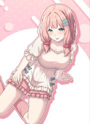  1girl arm_support bang_dream! breasts collarbone feet_out_of_frame fingernails frilled_shorts frilled_sleeves frills green_eyes hair_ornament highres large_breasts looking_at_viewer low_twintails pajamas pink_hair pink_socks ptal shirt short_sleeves shorts sleepwear socks solo tongue tongue_out twintails uehara_himari white_shirt 