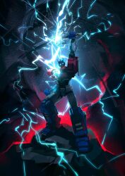  arm_up commentary cybertronian glowing glowing_eyes hammer hasbro highres holding holding_weapon juicer113 lightning marvel matrix_of_leadership mjolnir_(marvel) norse_mythology optimus_prime robot transformers transformers:_generation_1 untranslatable_commentary weapon 