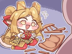  1boy 1girl @_@ absurdres bare_shoulders blonde_hair blush blush_stickers broken_chair commentary_request detached_sleeves dragon_ears dragon_girl dragon_tail dragon_wings earrings embarrassed fake_horns fewer_digits flying_sweatdrops full_body gold_necklace gold_shoes goldy_(trickcal) hair_ribbon highres horns jewelry korean_commentary leader_(trickcal) long_sleeves looking_at_another necklace pants pointy_ears rak_rak_yee red_pants red_ribbon red_shirt ribbon sash shirt shoes sitting solo_focus tail trickcal wariza weight_conscious wing_ornament wings yellow_eyes 