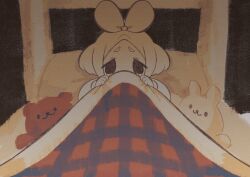  1girl bed bed_sheet bedroom black_eyes blanket bow crying dark_room hair_bow head_on_pillow hiding highres lifting_covers long_sleeves looking_at_viewer naiguozi on_bed original pillow plaid_blanket puffy_long_sleeves puffy_sleeves scared short_eyebrows stuffed_animal stuffed_rabbit stuffed_toy tearing_up teddy_bear thick_eyebrows under_covers white_bow white_hair white_sleeves white_trim 