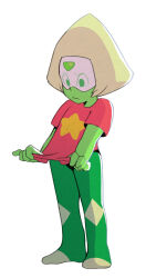  1girl 3: alien blonde_hair colored_skin face_shield forehead_jewel full_body gem gem_(steven_universe) green_skin highres homeworld_gem_uniform kiana_mai pantyhose peridot_(steven_universe) shirt short_hair simple_background solo steven_universe t-shirt triangle-shaped_hair 