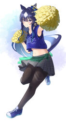  1girl absurdres animal_ears armpits black_pantyhose black_sports_bra blue_hair blue_hat blue_shirt blue_shoes cheerleader commentary_request cropped_shirt ear_covers earrings foot_up_heel_up gasatsuneo grey_skirt hair_intakes hands_up hat highres holding holding_pom_poms horse_ears horse_girl horse_tail jersey jewelry long_hair mini_hat mole mole_under_eye multiple_earrings navel pantyhose parted_lips plaid_clothes plaid_skirt pleated_skirt pom_pom_(cheerleading) shirt shoes sidelocks single_ear_cover skirt smile solo sports_bra standing stud_earrings tail tilted_headwear umamusume verxina_(umamusume) very_long_hair white_hair 