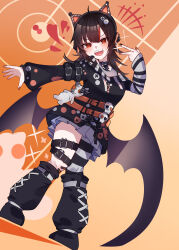  1girl :d absurdres ahoge animal_ear_headphones animal_ears arm_belt asymmetrical_legwear asymmetrical_sleeves bandaid bandaid_on_leg bare_shoulders barumukuchen bat_wings belt belt_collar black_choker black_hair black_nails black_shoes black_sweater cat_ear_headphones cat_ears choker collar cross-laced_clothes cross-laced_dress dress eyeball_hair_ornament fake_animal_ears full_body furrowed_brow headphones highres layered_dress leg_belt long_sleeves looking_at_viewer loose_socks mahou_shoujo_no_majo_saiban multicolored_hair nail_polish off-shoulder_sweater off_shoulder open_mouth orange_background orange_eyes orange_nails orange_streaks pleated_skirt sawatari_coco shirt shoes short_hair single_thighhigh skirt skull smile socks solo standing streaked_hair striped_clothes striped_sleeves striped_thighhighs stuffed_animal stuffed_cat stuffed_toy sweater teeth thigh-highs upper_teeth_only v-shaped_eyebrows white_shirt white_skirt wings 