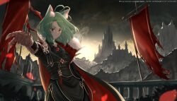  1girl absurdres ahoge animal_ear_fluff animal_ears banner black_dress castle cat_ears cat_girl coat dress gauntlets girl_dm girl_dm_(villainess) green_hair heart heart_ahoge heterochromia highres indie_virtual_youtuber looking_at_viewer medium_hair predatorstudioart red_eyes single_gauntlet solo virtual_youtuber yellow_eyes 