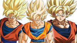  alternate_art_style alternate_color amayuki318 angry biceps blonde_hair broad_shoulders collarbone dragon_ball dragon_ball_z green_eyes highres looking_at_viewer martial_arts_belt multiple_views muscular muscular_male orange_dougi pectorals simple_background son_goku spiky_hair super_saiyan super_saiyan_1 thick_eyebrows thick_neck undershirt upper_body white_background 