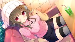  1girl amagamine_renna braid breasts brick_wall brown_hair coat coat_partially_removed couch cup drinking_glass drinking_straw dutch_angle from_above from_side game_asset grey_thighhighs hat heart indoors jewelry long_sleeves looking_at_viewer medium_breasts miniskirt necklace non-web_source on_couch open_clothes open_coat pencil_skirt pink_sweater plant red_eyes ren'ai_x_royale self-datamine short_hair sitting skirt sleeves_past_fingers sleeves_past_wrists solo sweater table thigh-highs tile_floor tiles yellow_coat yellow_hat yuuki_rika 