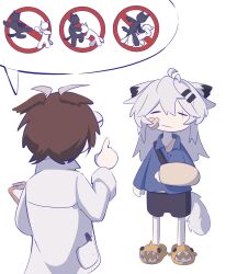  2girls :/ =_= absurdres ahoge animal_ears arknights arm_sling at_lento black_shorts blue_shirt broken_arm cast chibi clipboard closed_eyes coat hair_ornament hairclip highres holding holding_clipboard lab_coat lappland_(arknights) multiple_girls no_symbol owl_ears owl_girl scar scar_across_eye scar_on_face shirt shorts silence_(arknights) simple_background slippers speech_bubble tail white_background white_coat wolf_ears wolf_girl wolf_tail 