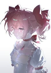  absurdres akemi_homura bow bow_choker chinese_commentary choker commentary_request crying dress geezhii gun hair_bow highres kaname_madoka kaname_madoka_(magical_girl) magical_musket_(madoka_magica) mahou_shoujo_madoka_magica mahou_shoujo_madoka_magica_(anime) pink_bow pink_hair polearm red_bow red_choker short_twintails signature soul_gem_(madoka_magica) sword twintails weapon white_background yellow_dress 