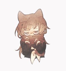 1girl animal_ears black_shirt blush bow brown_hair brown_scarf cat_ears commentary_request enpera glass glasses highres light_blush long_hair long_sleeves naiguozi original puffy_long_sleeves puffy_sleeves ribbon round_eyewear scarf shirt upper_body very_long_hair white_background white_bow white_ribbon white_trim 
