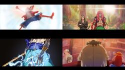  abs arm_up black_hair blue_shorts bracelet courtneyemmet crossed_arms electricity enel hat highres holding holding_staff jewelry letterboxed long_hair marshall_d._teach monkey_d._luffy one_piece red_hair red_shirt shirt shorts staff straw_hat wings 
