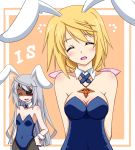  animal_ears blonde_hair breasts bunny_ears bunnysuit charlotte_dunois cleavage closed_eyes detached_collar eyepatch eyes_closed fishnet_pantyhose fishnets infinite_stratos laura_bodewig long_hair multiple_girls nokokopopo pantyhose rabbit_ears ribbon silver_hair wrist_cuffs 