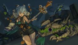  1girl animal_ears black_unitard blue_hair book braid braided_twintails choker cowboy_shot ethereal_(zenless_zone_zero) goat_ears goat_girl goat_horns hair_between_eyes happychen highres holding holding_book holding_weapon horns key key_choker long_hair looking_at_another lucia_elowen mole mole_on_arm monster night open_mouth outdoors pointy_ears single_sleeve weapon yellow_eyes zenless_zone_zero 