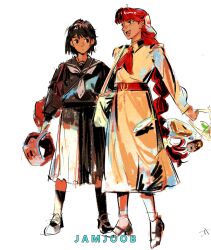  2girls artist_name black_hair black_sailor_collar black_serafuku black_shirt black_skirt black_socks blue_eyes boxing_headgear closed_mouth collared_dress commentary dress english_commentary highres jamjoob lara_(sayonara_lara) long_dress long_hair multiple_girls neckerchief ootsu_mari open_mouth sailor_collar sayonara_lara school_uniform serafuku shirt short_hair skirt socks unworn_headwear very_long_hair 