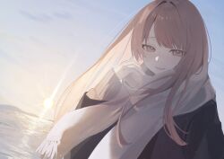 1girl black_coat blue_sky brown_eyes brown_hair coat dutch_angle horizon long_hair ocean original scarf sky sleeves_past_wrists smile solo sorano_(1_sorano) sun sunset upper_body white_scarf 