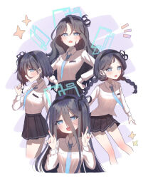  1girl :d :o alternate_hairstyle aqua_background aqua_halo aris_(blue_archive) black_hair black_hairband black_skirt blue_archive blue_eyes blue_necktie blush braid braided_twintails bright_pupils closed_mouth collared_shirt commentary cropped_legs cropped_torso curtained_hair dot_nose double-parted_bangs english_commentary from_side hair_between_eyes hairband halo hand_up hands_on_own_hips hands_up highres index_fingers_raised leaning_forward long_hair long_hair_between_eyes long_sleeves looking_at_viewer loosely_tucked_bangs low_twin_braids mang_722 miniskirt multi-source_commentary multiple_views necktie notice_lines one_side_up open_mouth parted_bangs playing_with_own_hair pleated_skirt profile raised_inner_eyebrows rectangular_halo shirt shirt_tucked_in short_hair simple_background skirt smile sparkle standing straight-on twin_braids twirling_hair two-tone_background v-shaped_eyebrows wavy_hair white_background white_pupils white_shirt 