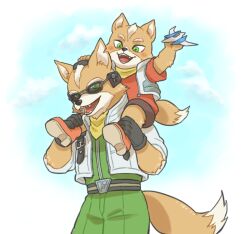  2boys animal_ears arwing brown_fur carrying commentary_request fangs father_and_child father_and_son fox_boy fox_ears fox_mccloud fox_tail furry furry_male holding holding_toy james_mccloud looking_at_another looking_down looking_up male_focus mito_31_31 multiple_boys open_mouth parent_and_child piggyback smile star_fox sunglasses tail toy 