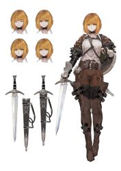  1girl absurdres angry armor belt belt_boots black_choker blonde_hair blush boots breasts brown_belt brown_gloves brown_pants buckle choker clenched_teeth closed_eyes closed_mouth collar collared_shirt commentary_request cropped_head elbow_gloves eyelashes facing_viewer fingerless_gloves full_body gloves hand_up highres holding holding_weapon jun_(navigavi) korean_commentary leather leather_armor leather_boots making-of_available multiple_expressions multiple_views nose open_mouth original pants parted_lips reference_sheet round_shield sad scabbard sheath sheathed shield shield_on_back shirt shirt_partially_tucked_in short_hair short_sword shortsword_(navigavi) shoulder_armor simple_background small_breasts smile standing sword teeth thigh_boots thigh_gap unsheathed vambraces weapon white_background white_shirt wing_collar yellow_eyes 