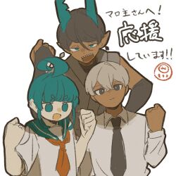  1girl 2boys ahoge ahoge_girl_(jimini_shijimi) aqua_eyes aqua_hair aqua_horns aqua_sailor_collar black_necktie blunt_bangs bridal_gauntlets brown_bridal_gauntlets brown_hair clenched_hands closed_mouth collared_shirt commentary_request crossed_bangs dark-skinned_male dark_skin dot_nose earrings floating_earrings hair_between_eyes hands_up highres horns ice_god_(jimini_shijimi) japanese_clothes jewelry jimini_shijimi long_sleeves looking_at_viewer multiple_boys neckerchief necktie no_pupils open_mouth original pointy_ears red_neckerchief sailor_collar school_uniform serafuku sharp_teeth shirt short_eyebrows short_hair short_sleeves sidelocks simple_background sleeveless smile teeth translation_request white-haired_man_(jimini_shijimi) white_background white_hair 