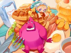  1girl 1other bacon blonde_hair blue_dress blue_shoes blush butter cherry_tomato coffee commentary cup dress food fork fried_egg frilled_dress frills grin herb highres honey lettuce livly_island long_hair looking_at_another lying mini_person minigirl monyorun mug multicolored_eyes napkin_holder ogre_(livly_island) on_food on_stomach open_mouth pancake pancake_stack plate player_character_(livly_island) potato_wedges purple_fur pygmy_(livly_island) sausage shoes sitting smile syrup tomato twintails twitter_username two-tone_eyes untranslatable_commentary 