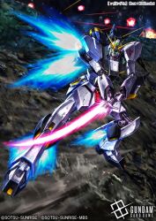  artist_name char's_counterattack commentary_request copyright_logo copyright_name copyright_notice earth_federation energy_sword explosion eye_trail glowing glowing_eyes green_eyes gundam gundam_card_game holding holding_beam_saber holding_sword holding_weapon k2_shokai light_trail logo mecha mecha_focus mobile_suit no_humans nu_gundam official_art robot science_fiction solo space sword thrusters v-fin weapon 