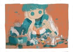  1girl absurdres ahoge ahoge_girl_(jimini_shijimi) aqua_eyes aqua_hair aqua_sailor_collar aqua_serafuku bird blunt_bangs boat border closed_mouth clutter commentary_request elbow_on_table fish head_rest highres holding jimini_shijimi neckerchief no_pupils orange_background original red_neckerchief sailboat sailor_collar school_uniform serafuku short_hair short_sleeves sidelocks sketch smile solo table unfinished watercraft white_border 