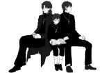  adult book child cross cross_necklace fate/zero fate_(series) jewelry kagami_ei kotomine_kirei long_coat male monochrome multiple_boys multiple_persona necklace shorts young 