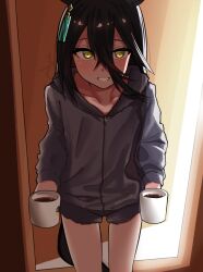  1girl absurdres animal_ears black_hair blush coffee collarbone commentary_request cup ear_tag earrings grey_jacket grey_shorts hair_between_eyes highres holding holding_cup horse_ears horse_girl horse_tail jacket jewelry long_bangs long_hair long_hair_between_eyes long_sleeves looking_at_viewer manhattan_cafe_(umamusume) open_mouth shorts single_earring slcunix smile solo tail umamusume yellow_eyes 