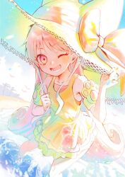  1girl blush casual_one-piece_swimsuit commentary_request dress fate/grand_order fate_(series) habetrot_(fate) habetrot_(swimsuit)_(fate) hat highres long_hair looking_at_viewer mepphy01 one-piece_swimsuit open_mouth pink_eyes pink_hair smile solo sun_hat sunlight swimsuit very_long_hair water 