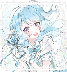  1girl absurdres aqua_hair bang_dream! commentary_request dress gloves gradient_background hair_ornament hairclip heart-shaped_gem highres holding holding_staff kiska_(mnvy2332) matsubara_kanon medium_hair open_mouth ponytail portrait short_sleeves side_ponytail solo staff teeth upper_body upper_teeth_only violet_eyes white_gloves 