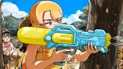  2girls :o absurdres balloon bird black_hair black_shorts blonde_hair blue_eyes bug chicken clouds cloudy_sky cockroach diva_(hyxpk) dress duck english_commentary grey_eyes hat highres holding holding_water_gun long_hair multiple_girls original shirt short_hair shorts sky tree unworn_hat unworn_headwear water_balloon water_gun wet wet_clothes white_shirt yellow_dress 