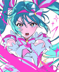 1girl :o aqua_eyes aqua_hair artist_logo artist_name aura bilingual_commentary bow bow_hairband bowtie casting_spell commentary cropped dixretsa dot_nose dress english_commentary floating_hair foreshortening gloves hairband hatsune_miku highres holding ima_sugu_rinne_(vocaloid) light_blush logo long_hair looking_at_viewer magic magical_girl making-of_available mixed-language_commentary multicolored_eyes open_mouth outstretched_arms pink_dress pink_hairband serious short_sleeves simple_background solo sparkle sparkling_aura star-shaped_pupils star_(symbol) straight-on striped_bow striped_bowtie striped_clothes symbol-shaped_pupils twintails two-handed two-tone_eyes upper_body v-shaped_eyebrows vocaloid white_background white_gloves wind yellow_pupils 