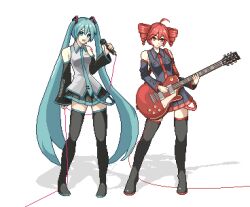  2girls ahoge aqua_eyes aqua_hair aqua_necktie aqua_trim bare_shoulders black_boots black_skirt black_sleeves boots breast_pocket breasts buttons collared_shirt detached_sleeves double-parted_bangs drill_hair full_body grey_shirt grey_skirt grey_sleeves guitar hair_between_eyes hatsune_miku highres holding holding_guitar holding_instrument holding_microphone instrument kasane_teto kasane_teto_(utau) long_hair microphone multiple_girls necktie nokia_yan pixel_art pleated_skirt pocket red_eyes red_hair red_trim shirt shoulder_tattoo sidelocks simple_background skirt sleeveless sleeveless_shirt small_breasts tattoo thigh_boots tie_clip twin_drills twintails utau very_long_hair vocaloid white_background wide_sleeves wing_collar zettai_ryouiki 