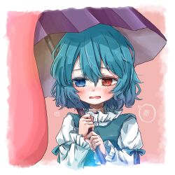  1girl absurdres blue_eyes blue_hair blush commentary_request hair_between_eyes heart heart_in_eye heterochromia highres holding holding_umbrella long_sleeves purple_umbrella red_eyes salt_(saltty) shirt short_hair solo spoken_blush symbol_in_eye tatara_kogasa tongue tongue_out touhou umbrella upper_body white_shirt 