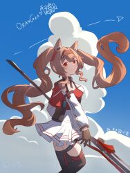  1girl angelina_(arknights) angelina_the_mellow_wish_(arknights) animal_ear_fluff animal_ears arknights black_collar black_gloves black_hairband black_thighhighs blue_sky brown_hair chinese_commentary closed_mouth clouds collar commentary_request cowboy_shot dated day dress fox_ears fox_girl gloves hair_between_eyes hairband highres holding holding_staff infection_monitor_(arknights) ji_xiaoyu long_hair long_sleeves looking_at_viewer multicolored_hairband outdoors sky smile solo staff standing thigh-highs twintails two-tone_hairband very_long_hair white_dress 