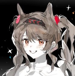  1girl angelina_(arknights) angelina_the_mellow_wish_(arknights) animal_ear_fluff animal_ears arknights black_background black_hairband brown_eyes brown_hair commentary_request fox_ears fox_girl hair_between_eyes hairband highres long_hair looking_at_viewer mian_bingxue_yin smile solo sparkle twintails upper_body 