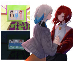  3girls ange_katrina ange_katrina_(summer_casual) black_skirt blue_hair blue_pajamas brown_pajamas cable_knit cardigan closed_eyes closed_mouth collared_shirt commentary_request deformed facing_another futon gold_necklace grey_cardigan grey_hair hair_intakes hair_ornament hair_over_shoulder hairclip highres holding_hands inui_toko jacket jewelry lize_helesta lize_helesta_(fall_casual) long_hair long_sleeves multicolored_hair multiple_girls necklace nijisanji open_clothes open_jacket orange_skirt pajamas people_hitobito pink_pajamas red_hair red_jacket sanbaka_(nijisanji) shirt skirt sleeveless sleeveless_shirt smile turtleneck two-tone_hair under_covers virtual_youtuber white_background white_shirt 