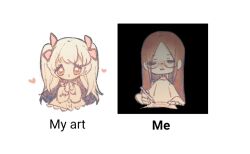  2girls art_vs_artist artist_self-insert bags_under_eyes bow brown_eyes brown_hair buttons closed_eyes closed_mouth drawing_(action) expressionless frilled_shirt frills hair_bow heart holding holding_pencil long_sleeves meme multiple_girls multiple_hair_bows naiguozi open_mouth original own_hands_together paper pencil pink_bow pink_shirt puffy_long_sleeves puffy_sleeves shirt smile straight_hair t-shirt two_side_up white_background white_hair white_shirt 