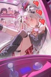  1girl asymmetrical_legwear black_leg_warmers black_thighhighs blush braid character_doll commentary_request crane_game doll double-parted_bangs eyewear_on_head fishnet_thighhighs fishnets grin hair_ornament head_tilt highres honkai:_star_rail honkai_(series) in_crane_game kanangnsn knee_up leg_up leg_warmers long_hair long_sleeves looking_at_viewer miniskirt mismatched_legwear official_alternate_costume pink_eyes red_skirt single_bare_shoulder single_braid sitting skirt smile socks solo sparkle_(doll)_(honkai:_star_rail) sparkle_(honkai:_star_rail) sparxie_(candy-coated_waves)_(honkai:_star_rail) sparxie_(honkai:_star_rail) stuffed_animal stuffed_toy sunglasses teddy_bear thigh-highs thigh_strap twintails two_side_up uneven_legwear very_long_hair white_hair white_socks x_hair_ornament 